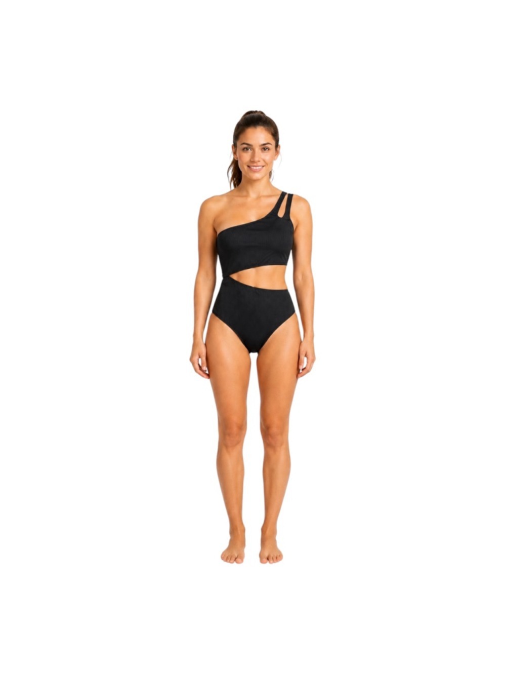 NWT YONIQUE Black Ribbed One-Shoulder Cutout One-Piece Swimsuit XS